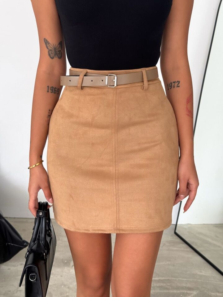 Kadın Kemerli Süet Etek 2368 L - TABA