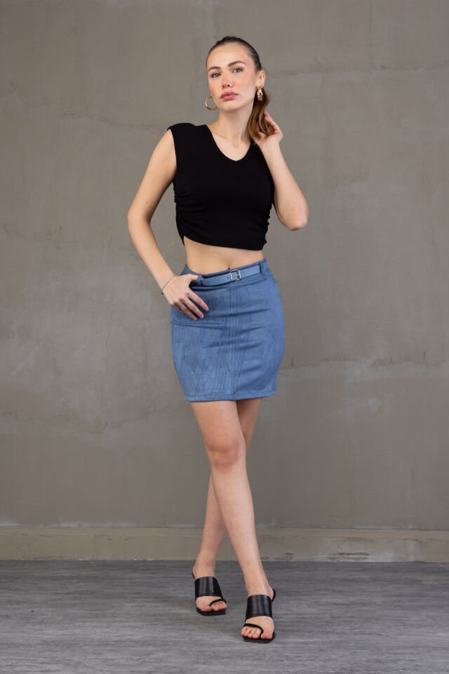 SÜET ETEK KEMERLİ /  BELT SUEDE SKIRT MODEL S - MAVİ
