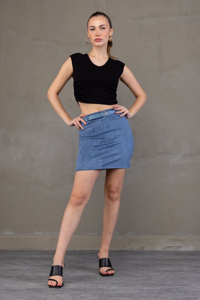 SÜET ETEK KEMERLİ /  BELT SUEDE SKIRT MODEL S - MAVİ