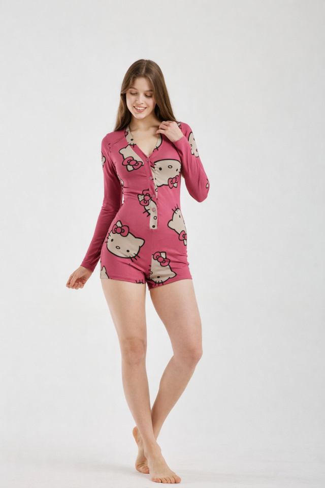 Kadın Düğmeli Esnek Uzun Kol Dalgıç Kumaş Pijama Tulum T4 XS - KİTY DESENLİ