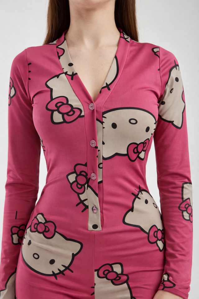 Kadın Düğmeli Esnek Uzun Kol Dalgıç Kumaş Pijama Tulum T4 XS - KİTY DESENLİ