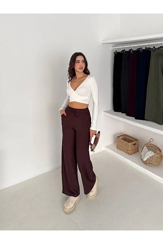 Kadın Meloni Ekstra Esnek Geniş Kumaş Pantolon 2594 L - KAHVERENGİ