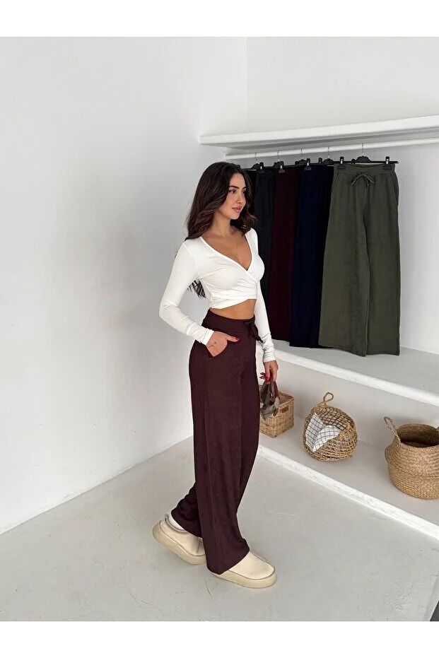 Kadın Meloni Ekstra Esnek Geniş Kumaş Pantolon 2594 L - KAHVERENGİ