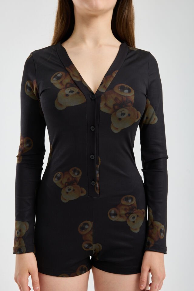 Kadın Düğmeli Esnek Uzun Kol Dalgıç Kumaş Pijama Tulum T4 XS - PANDA DESENLİ