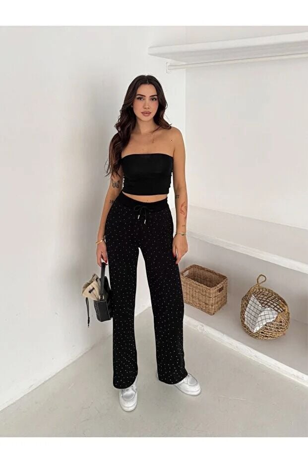 Kadın Taş Detaylı Beli Lastikli Rahat Kesim Pantolon 2601 S - SİYAH