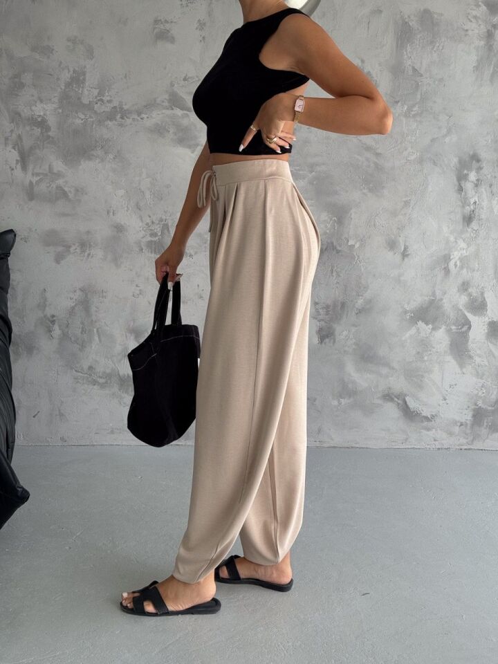 Kadın 4'Mevsim Kullanıla Bilir Bej Rengi Şalvar Pantolon 2342 XL