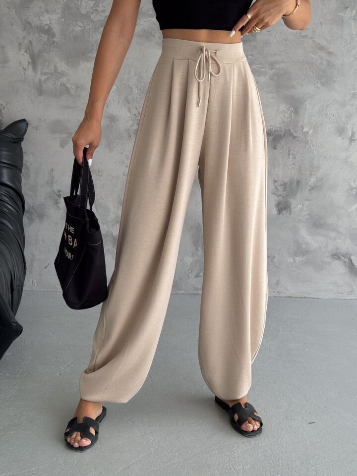 Kadın 4'Mevsim Kullanıla Bilir Bej Rengi Şalvar Pantolon 2342 XL