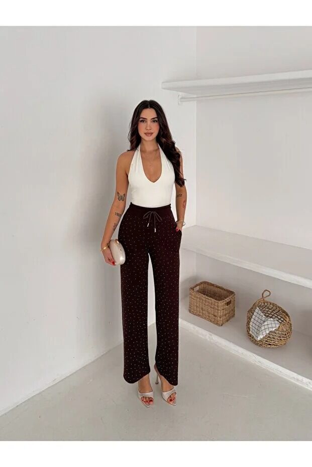 Kadın Taş Detaylı Beli Lastikli Rahat Kesim Pantolon 2601 M - KAHVERENGİ