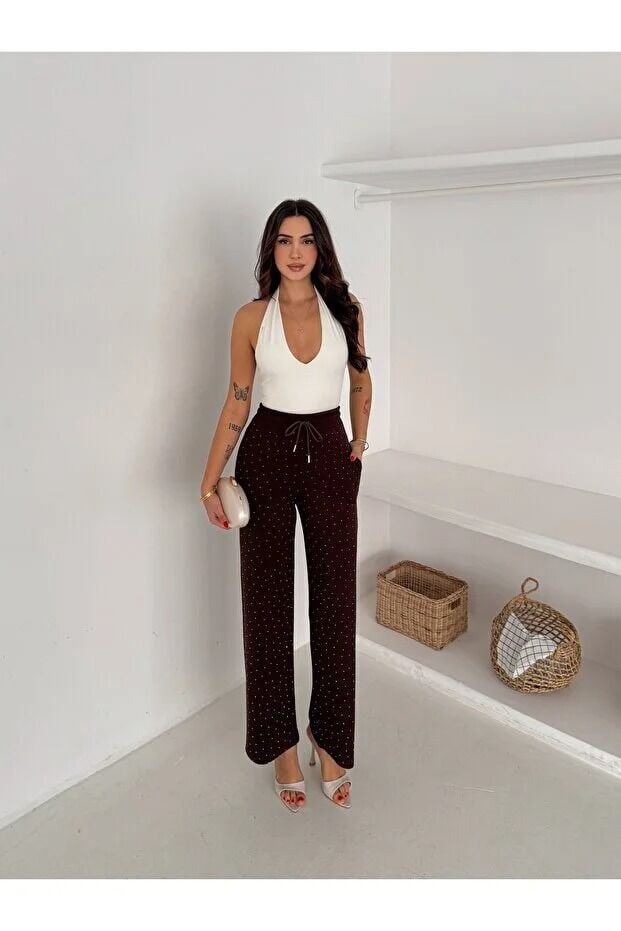 Taş Detaylı Beli Lastikli Rahat Kesim Pantolon / Pearl Detailed Elastic Waist Relaxed Pants XL - KAHVERENGİ