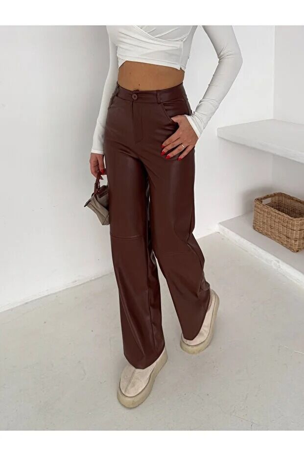 Yüksek Bel Geniş Paça Siyah Suni Deri Pantolon / High Waist Wide Leg Black Faux Leather Pants XL - KAHVERENGİ