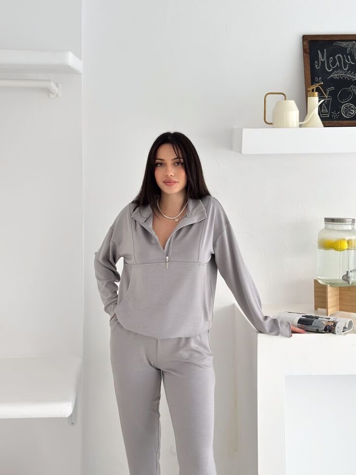 Kadın Dik Yaka ve Paçalı Modal Kumaş Cepli Eşofman Takımı 2561 AÇIK GRİ - S