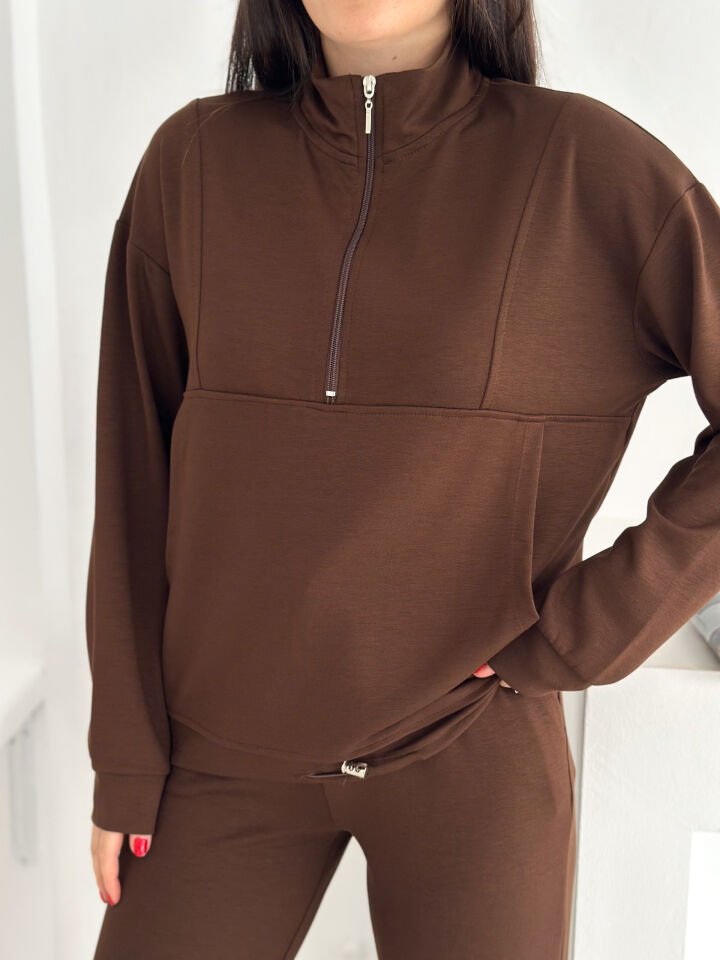 Kadın Dik Yaka ve Paçalı Modal Kumaş Cepli Eşofman Takımı 2561 KAHVERENGİ - S