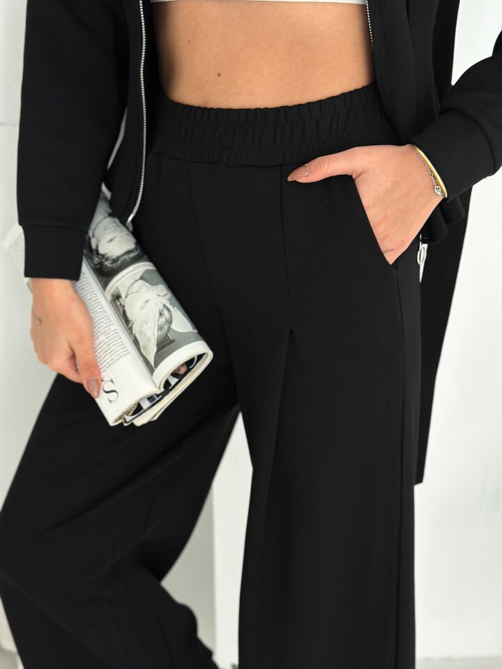 Kadın Spor ve Günlük Kemerli Ceket ve Baggy Modal Eşofman Takımı 2588 L - SİYAH