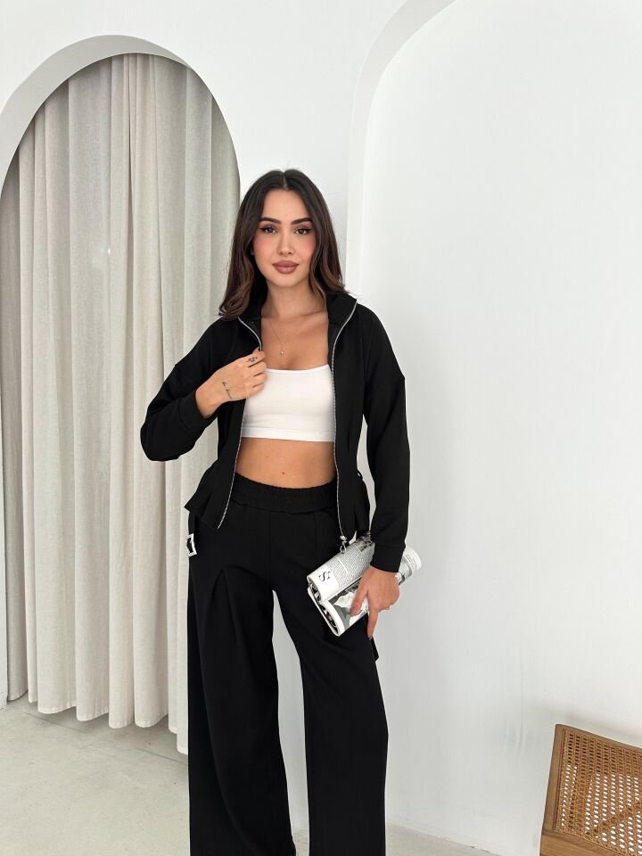 Kadın Spor ve Günlük Kemerli Ceket ve Baggy Modal Eşofman Takımı 2588 L - SİYAH