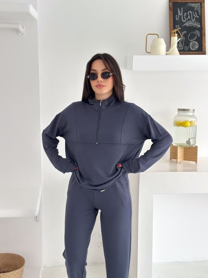 Kadın Dik Yaka ve Paçalı Modal Kumaş Cepli Eşofman Takımı 2561 KOYU GRİ - S