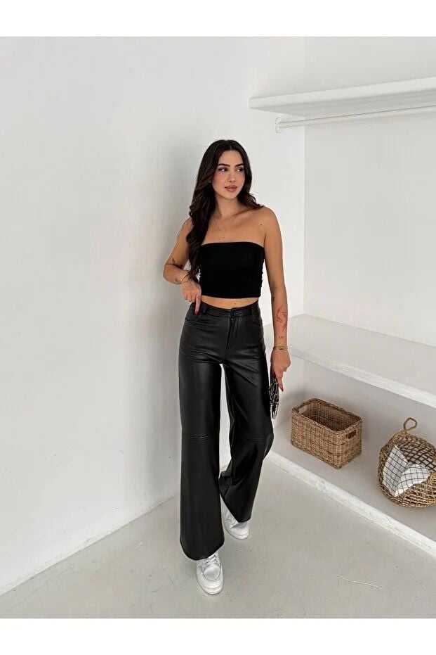Yüksek Bel Geniş Paça Siyah Suni Deri Pantolon / High Waist Wide Leg Black Faux Leather Pants XL - SİYAH