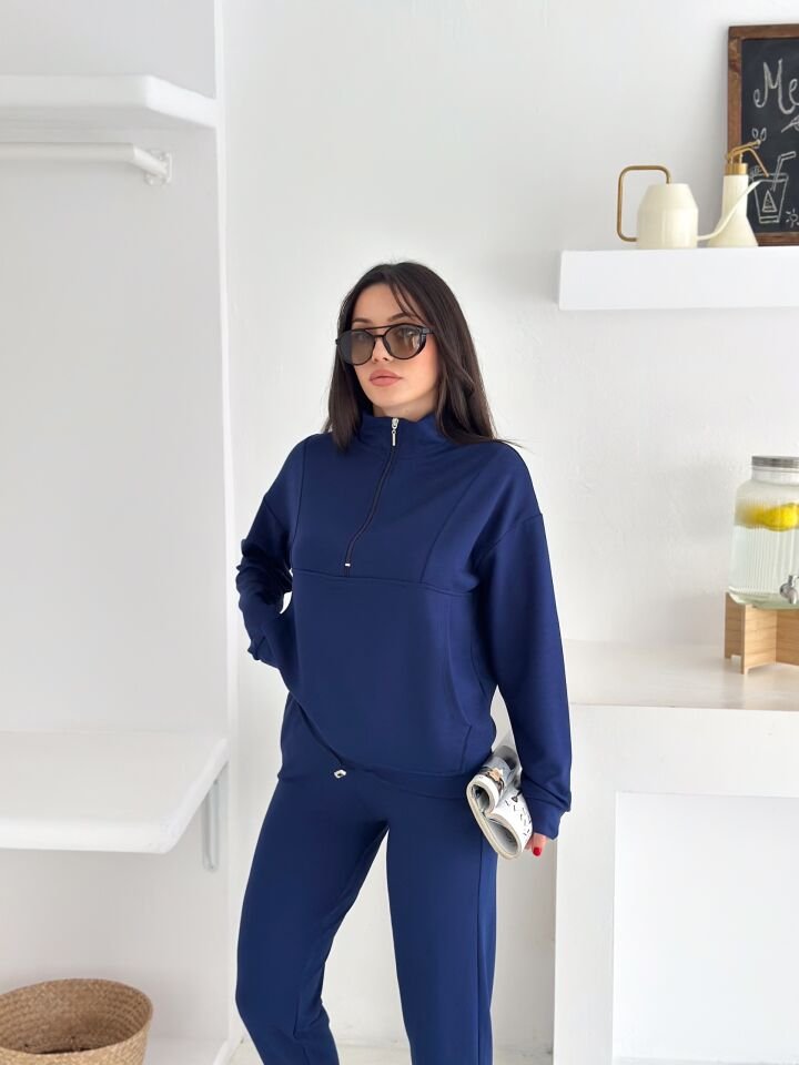 Kadın Dik Yaka ve Paçalı Modal Kumaş Cepli Eşofman Takımı 2561 LACİVERT - S