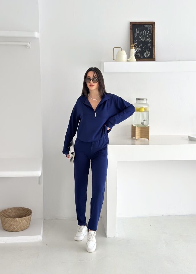 Kadın Dik Yaka ve Paçalı Modal Kumaş Cepli Eşofman Takımı 2561 LACİVERT - S