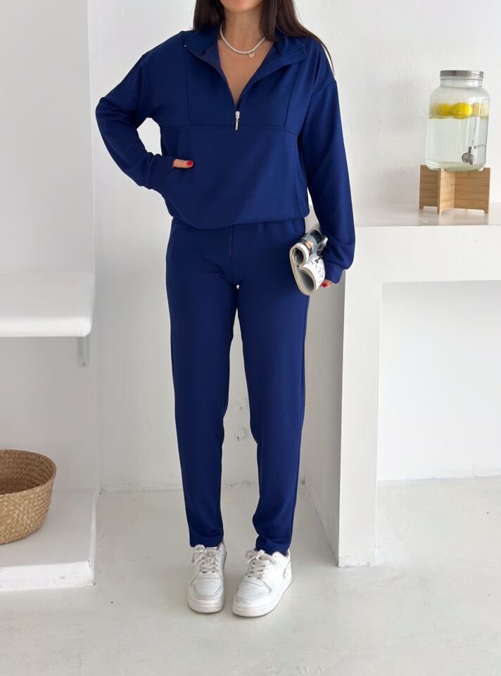 Kadın Dik Yaka ve Paçalı Modal Kumaş Cepli Eşofman Takımı 2561 LACİVERT - S