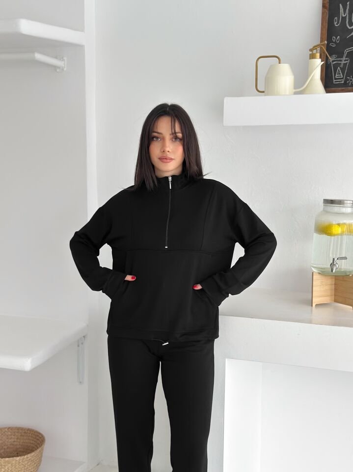 Kadın Dik Yaka ve Paçalı Modal Kumaş Cepli Eşofman Takımı 2561 SİYAH - S