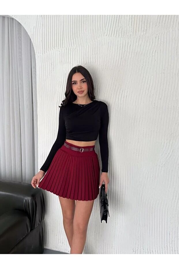 PİLİSELİ İÇDEN TAYTLI KEMERLİ ETEK / KEMERLİ ETEK DİZ ÜSTÜ M - BORDO