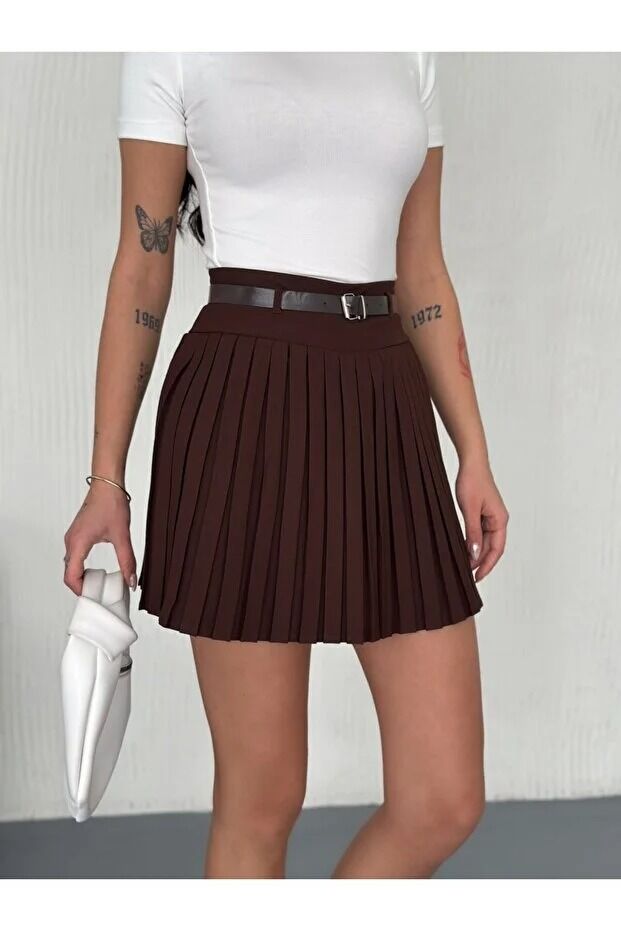 PİLİSELİ İÇDEN TAYTLI KEMERLİ ETEK / KEMERLİ ETEK DİZ ÜSTÜ XL - KAHVERENGİ