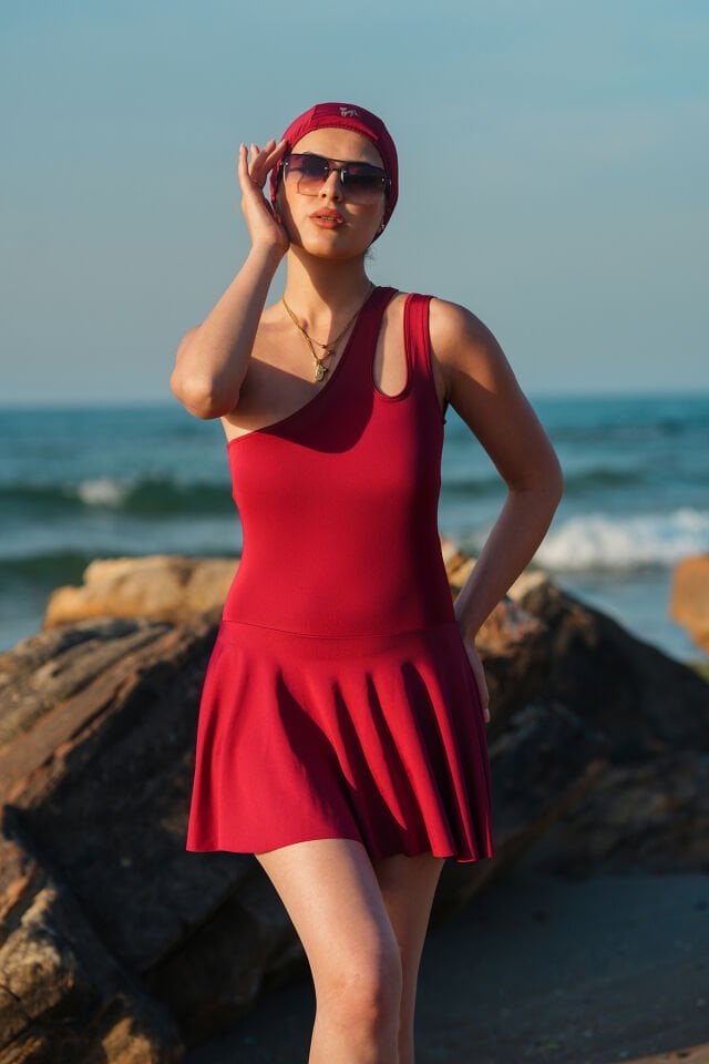 Kadın Tek Omuz İçden Taytlı  Tek Taraf Çift Askılı  Boneli Elbise Mayo 2XL - BORDO