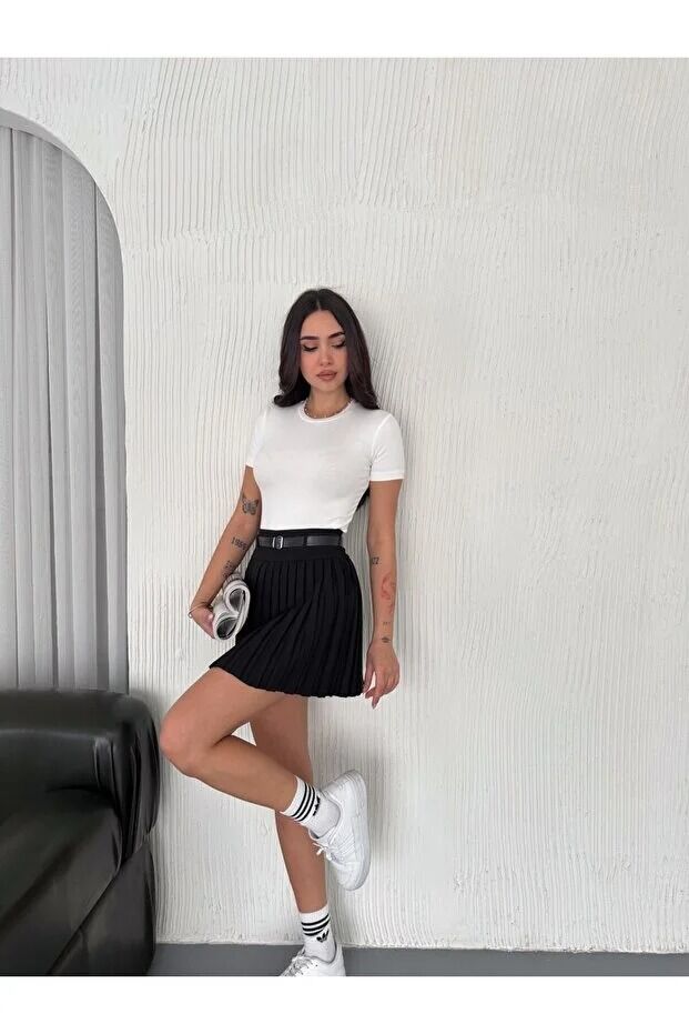 Kadın İçten Taytlı Diz Üstü Kemerli Etek XL - SİYAH