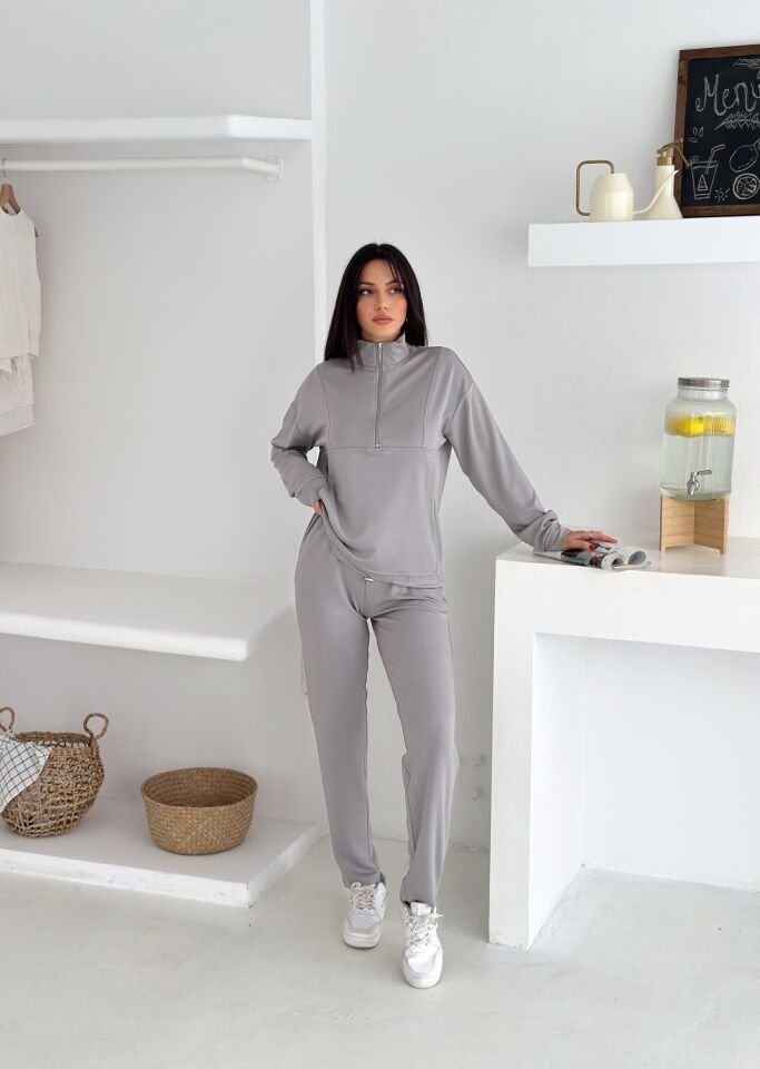 DİK YAKA PARÇALI EŞOFMAN TAKIMI MODAL KUMAŞ CEPLİ - WM2561 - AÇIK GRİ - XL