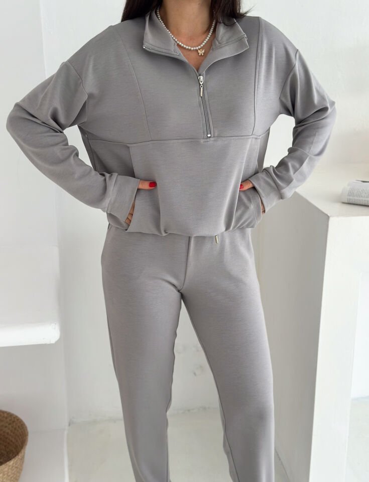 DİK YAKA PARÇALI EŞOFMAN TAKIMI MODAL KUMAŞ CEPLİ - WM2561 - AÇIK GRİ - XL