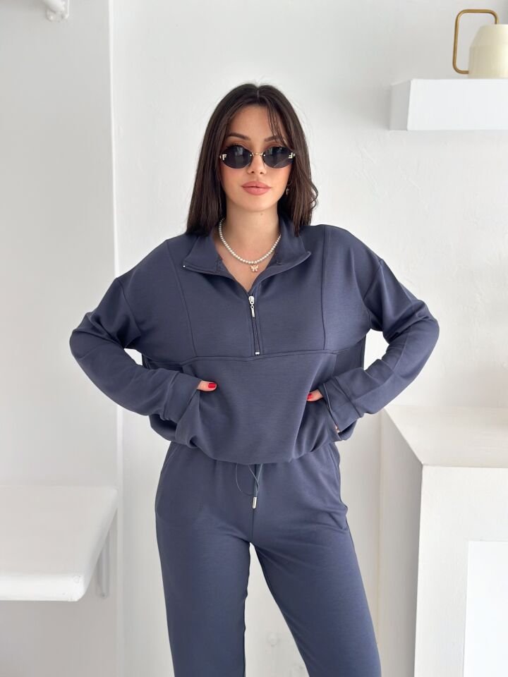 DİK YAKA PARÇALI EŞOFMAN TAKIMI MODAL KUMAŞ CEPLİ - WM2561 - KOYU GRİ - XL