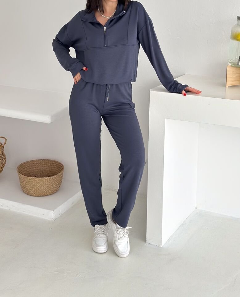 DİK YAKA PARÇALI EŞOFMAN TAKIMI MODAL KUMAŞ CEPLİ - WM2561 - KOYU GRİ - XL