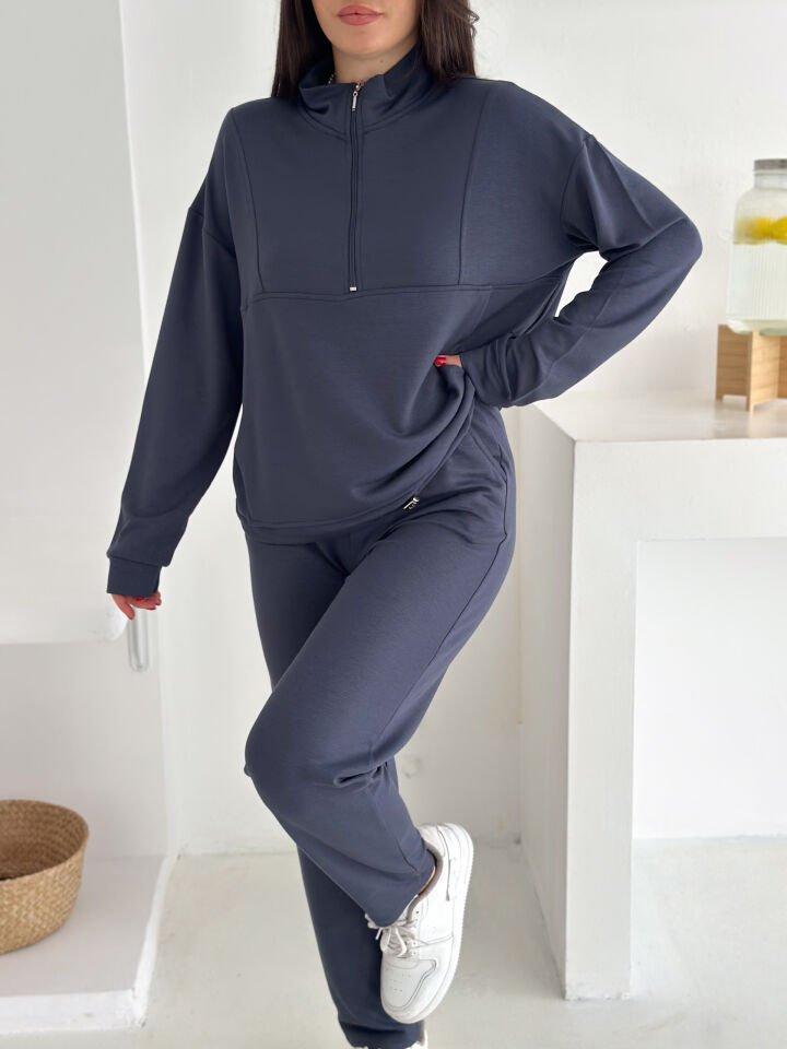 DİK YAKA PARÇALI EŞOFMAN TAKIMI MODAL KUMAŞ CEPLİ - WM2561 - KOYU GRİ - XL