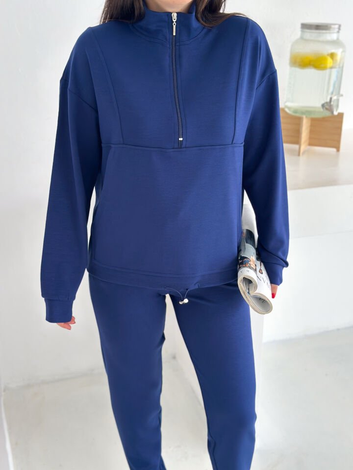 DİK YAKA PARÇALI EŞOFMAN TAKIMI MODAL KUMAŞ CEPLİ - WM2561 - LACİVERT - XL