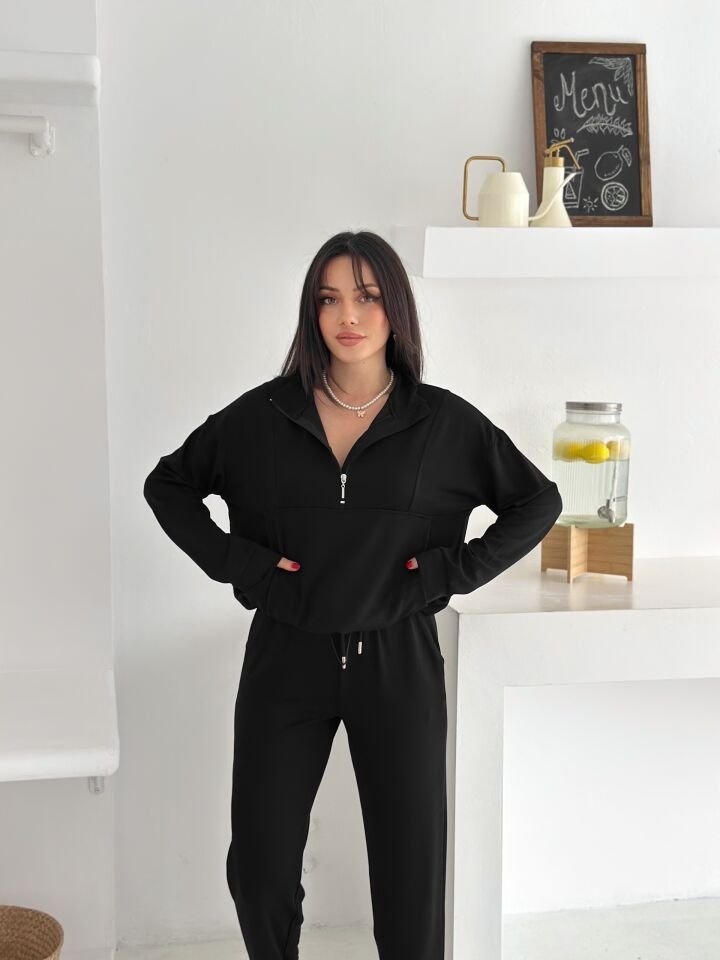 DİK YAKA PARÇALI EŞOFMAN TAKIMI MODAL KUMAŞ CEPLİ - WM2561 - SİYAH - XL