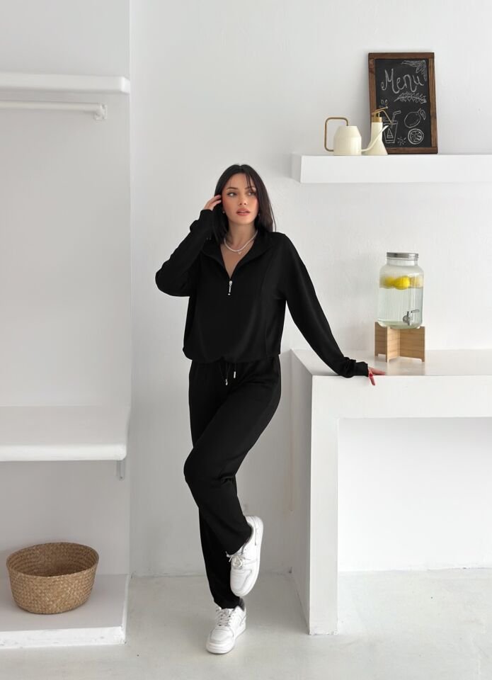 DİK YAKA PARÇALI EŞOFMAN TAKIMI MODAL KUMAŞ CEPLİ - WM2561 - SİYAH - XL