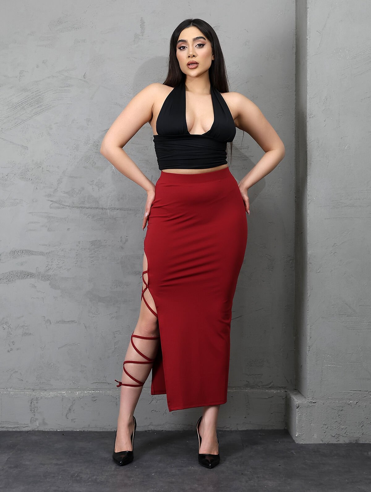 Kadın Uzun Kordon Bağlamalı Yırtmaçlı Likralı Maxi Etek E36