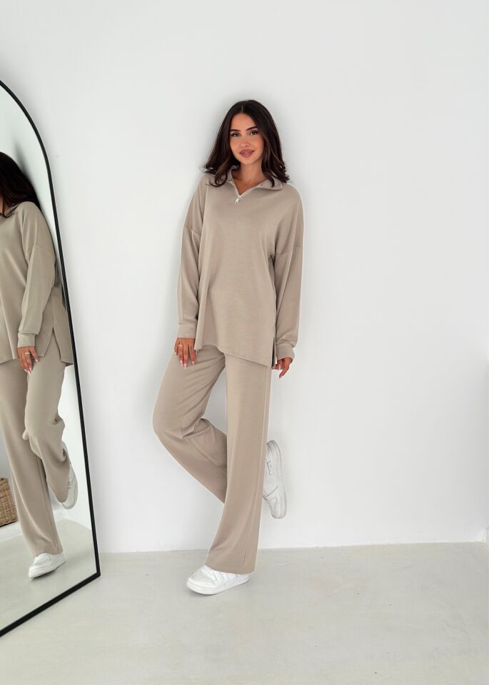 Kadın Femuarlı  Dik Yaka Pantolon Cepli Uzun Kollu  Alt Üst Takım 2558 L - BEJ