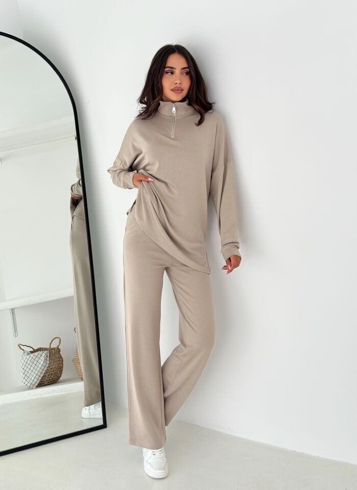 Kadın Femuarlı  Dik Yaka Pantolon Cepli Uzun Kollu  Alt Üst Takım 2558 XL - BEJ