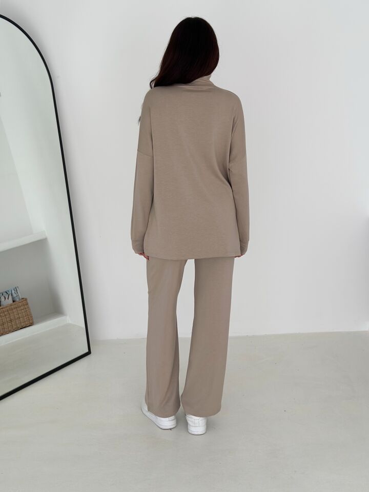 Kadın Femuarlı  Dik Yaka Pantolon Cepli Uzun Kollu  Alt Üst Takım 2558 XL - BEJ