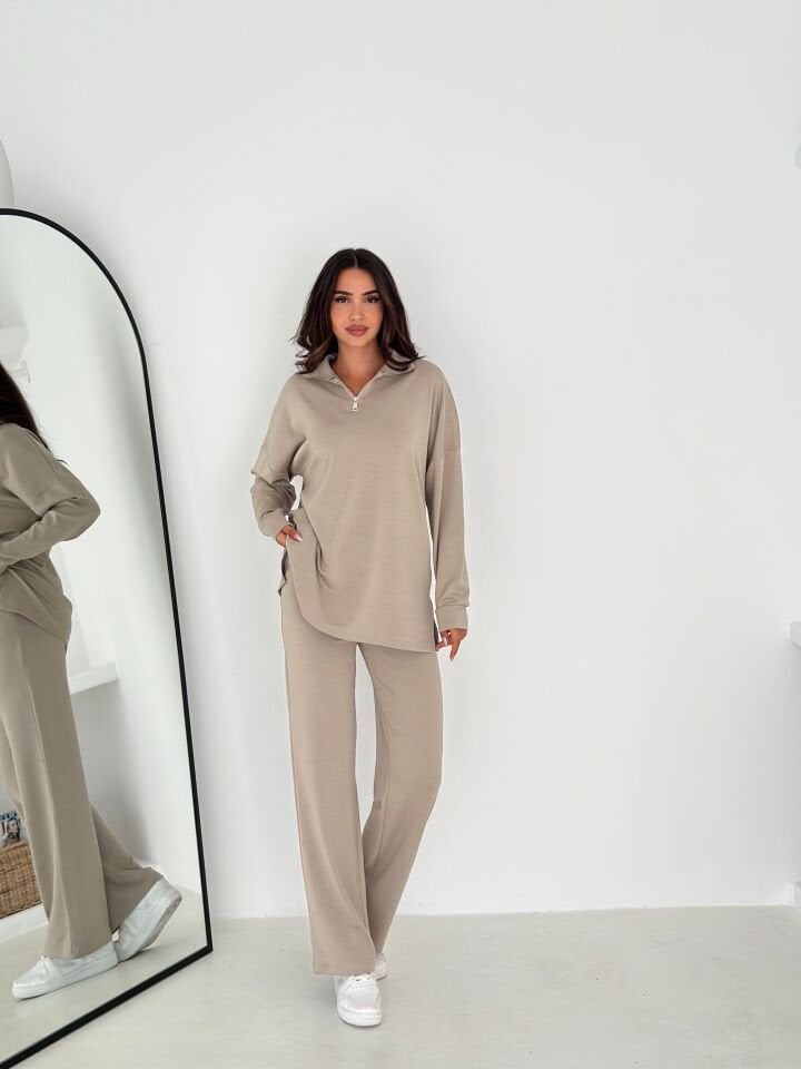 Kadın Femuarlı  Dik Yaka Pantolon Cepli Uzun Kollu  Alt Üst Takım 2558 XL - BEJ