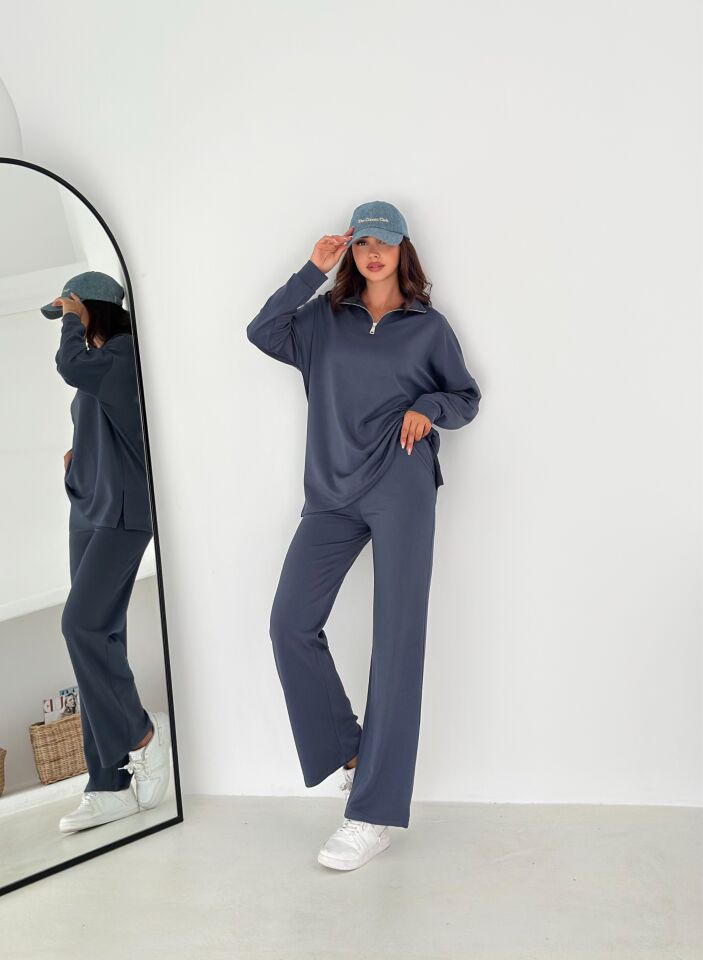 Kadın Femuarlı  Dik Yaka Pantolon Cepli Uzun Kollu  Alt Üst Takım 2558 L - KOYU GRİ FÜME