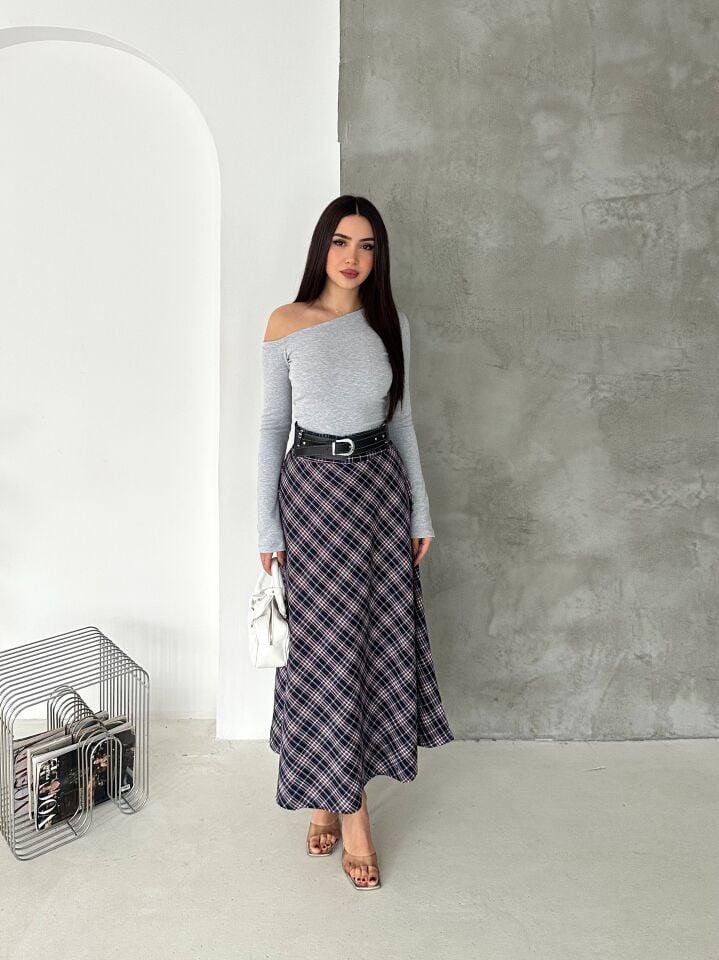 Kadın Ekose Kemerli Uzun Etek Tesettür Uyumlu Kloş Model 2625 EKOSE-1 - S