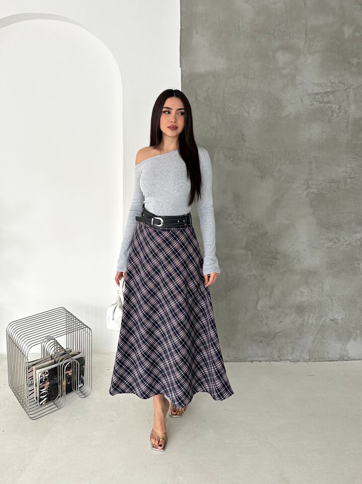 Kadın Ekose Kemerli Uzun Etek Tesettür Uyumlu Kloş Model 2625 EKOSE-1 - S