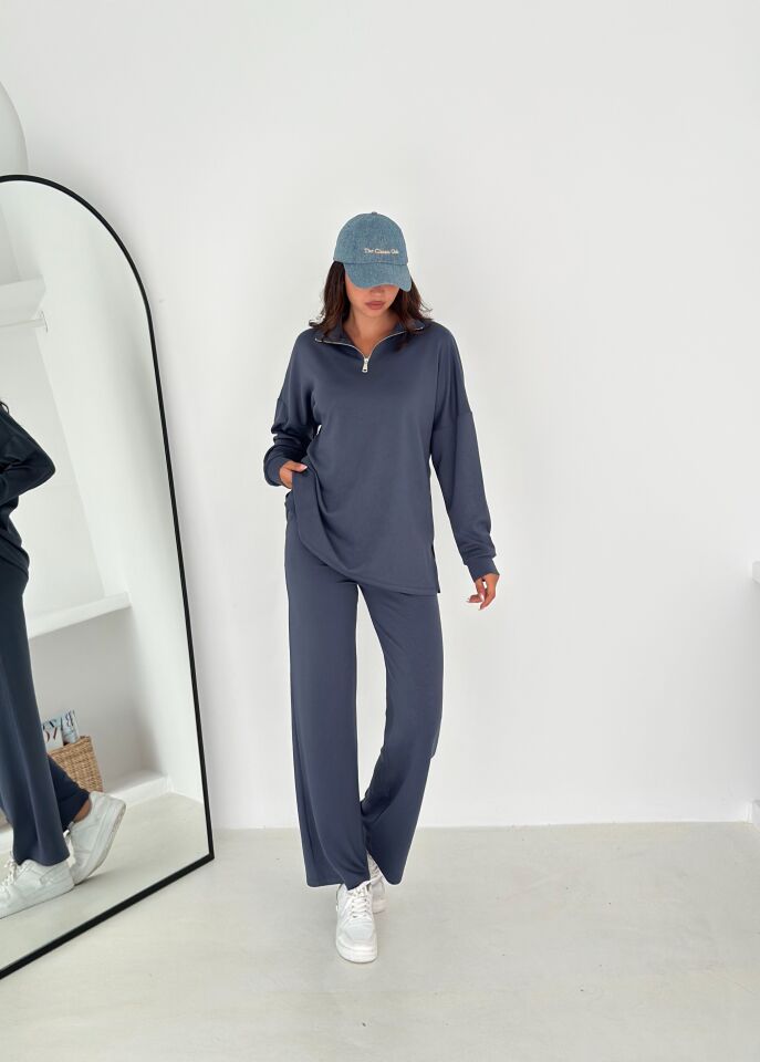 Kadın Femuarlı  Dik Yaka Pantolon Cepli Uzun Kollu  Alt Üst Takım 2558 XL - KOYU GRİ FÜME