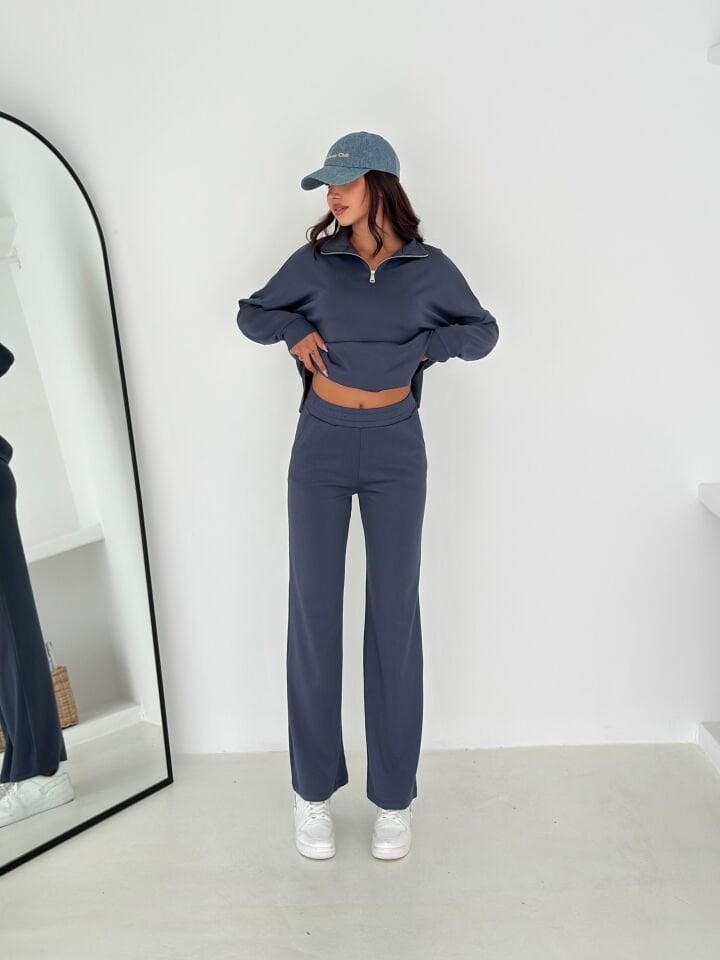 Kadın Femuarlı  Dik Yaka Pantolon Cepli Uzun Kollu  Alt Üst Takım 2558 XL - KOYU GRİ FÜME