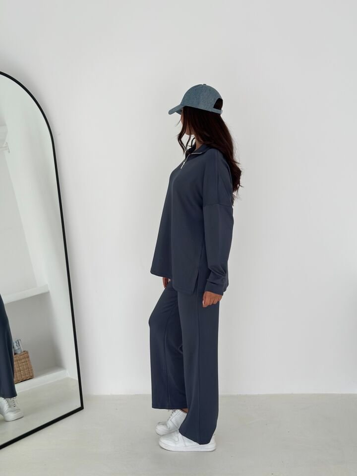 Kadın Femuarlı  Dik Yaka Pantolon Cepli Uzun Kollu  Alt Üst Takım 2558 XL - KOYU GRİ FÜME