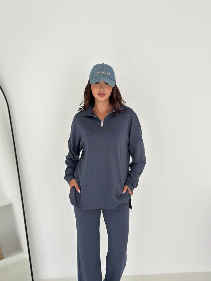 Kadın Femuarlı  Dik Yaka Pantolon Cepli Uzun Kollu  Alt Üst Takım 2558 XL - KOYU GRİ FÜME