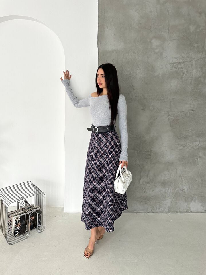 Kadın Ekose Kemerli Uzun Etek Tesettür Uyumlu Kloş Model 2625 EKOSE-1 - M