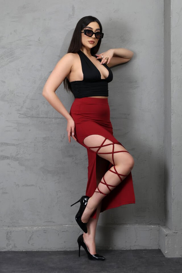 Kadın Uzun Kordon Bağlamalı Yırtmaçlı Likralı Maxi Etek E36 L - BORDO